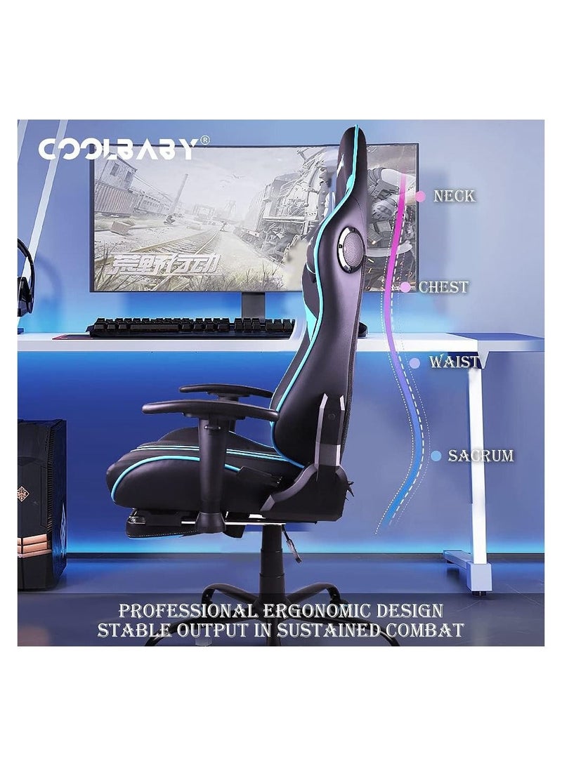 COOLBABY Gaming Chair Ergonomic Office Massage Chair 180° Recliner System 2D Adjustable Arm-Rest With Massage and Bluetooth Speaker and Footrest