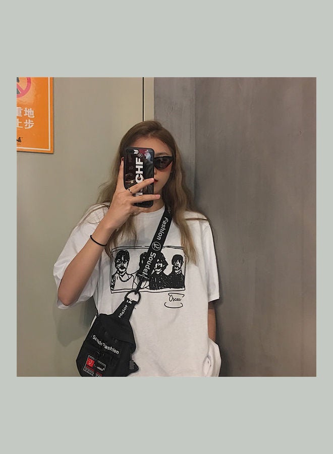 Summer Tops Portrait Over Size Short Sleeve Crew Neck Loose Pullover T-Shirt White