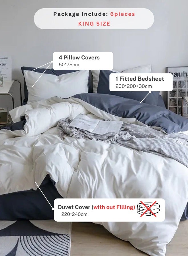 King Size 6 Piece Premium Korean Duvet Cover Set Plain White And Grey