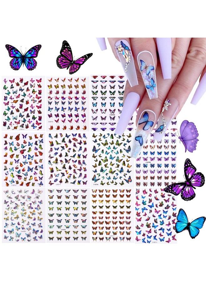 12 Sheets Butterfly Nail Art Stickers Decals 3D Selfadhesive Nail Decals Butterfly Designs Nails Supplies Butterfly Stickers For Diy Colorful Laser Butterflies Nails Manicure Decor