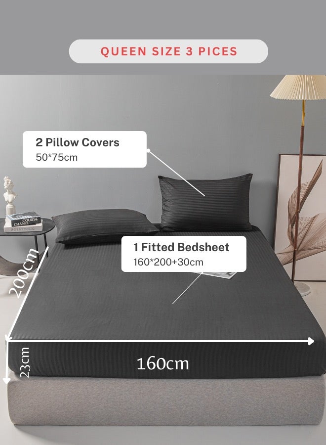 Variance Size 3 Piece Set Bedsheet with 2 Pillow Cases, Black Color