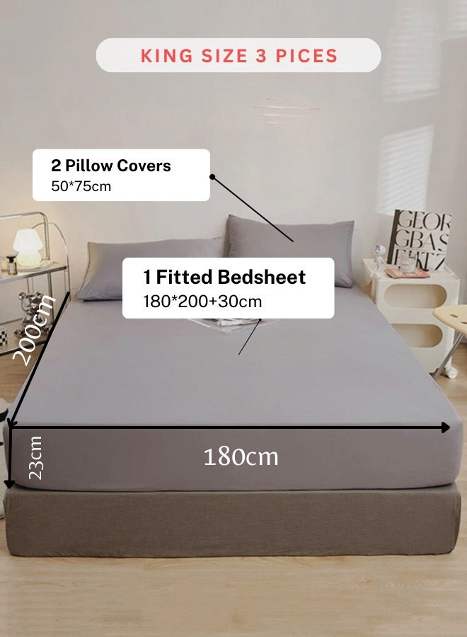 3 Pieces Fitted Bedsheet Set Plain Gray Color Various Sizes