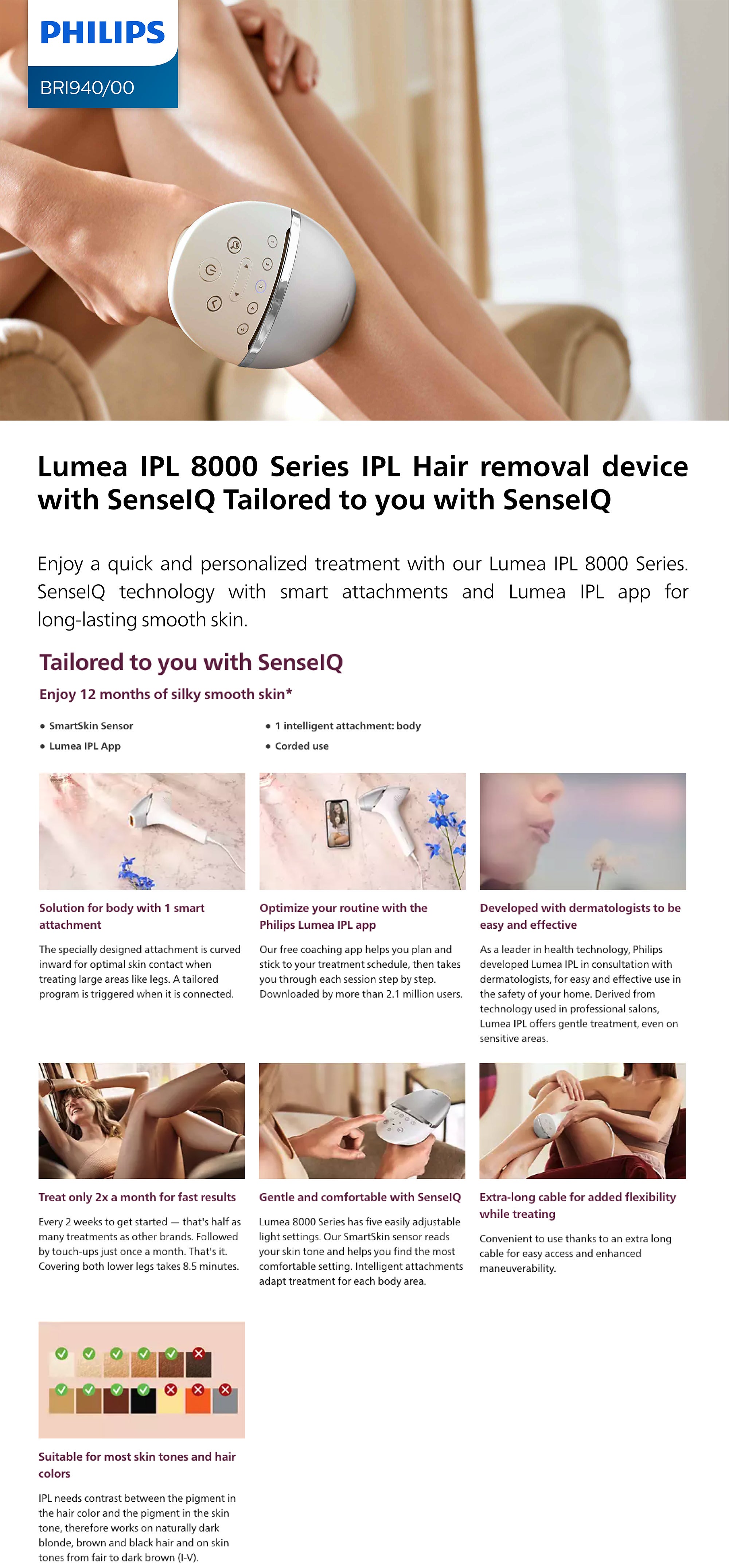 Philips Lumea IPL, Hair Removal, 8000 Series, Sense IQ Technology, Body Treatment Attachment, Corded Use, BRI940/00, 60 Days Money Back Guarantee White/Silver