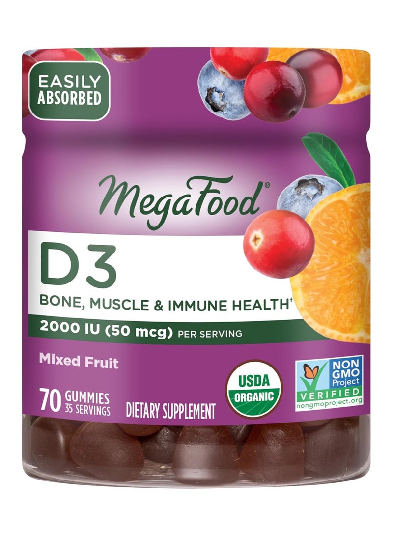 MegaFood Vitamin D3 2000 IU (50 mcg)  - Vitamin D Gummies - Bone, Muscle & Immune Support Supplement  - USDA Organic, Non-GMO, Made Without 9 Food Allergens - Mixed Fruit  - 70 Gummies (35 Servings)