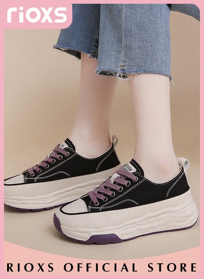 Fashion Thick Sole Canvas Shoes for Women Casual Low Top Lace up Wear Resistance Sneakers Ladies Classic Breathable Lightweight Walking Shoes with Soft Elastic Sole