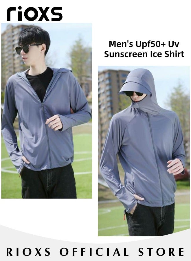 Men's UPF 50+ Sun Protection Clothing, Outdoor Lightweight Full Zip Hoodie Jacket with Face Mask Design, Comfy Breathable Long Sleeve Coat with Thumbholes and Detachable Brim, Suitable for Daily Wear, Sports Training, Hiking, Fishing, Climbing or Other Outdoor Activities