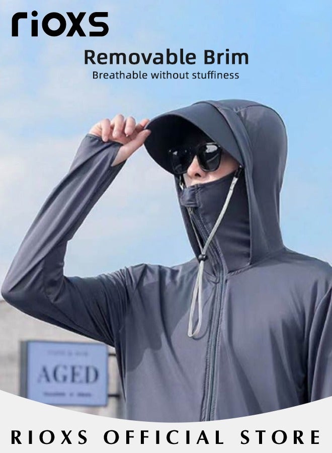 Men's UPF 50+ Sun Protection Clothing, Outdoor Lightweight Full Zip Hoodie Jacket with Face Mask Design, Comfy Breathable Long Sleeve Coat with Thumbholes and Detachable Brim, Suitable for Daily Wear, Sports Training, Hiking, Fishing, Climbing or Other Outdoor Activities