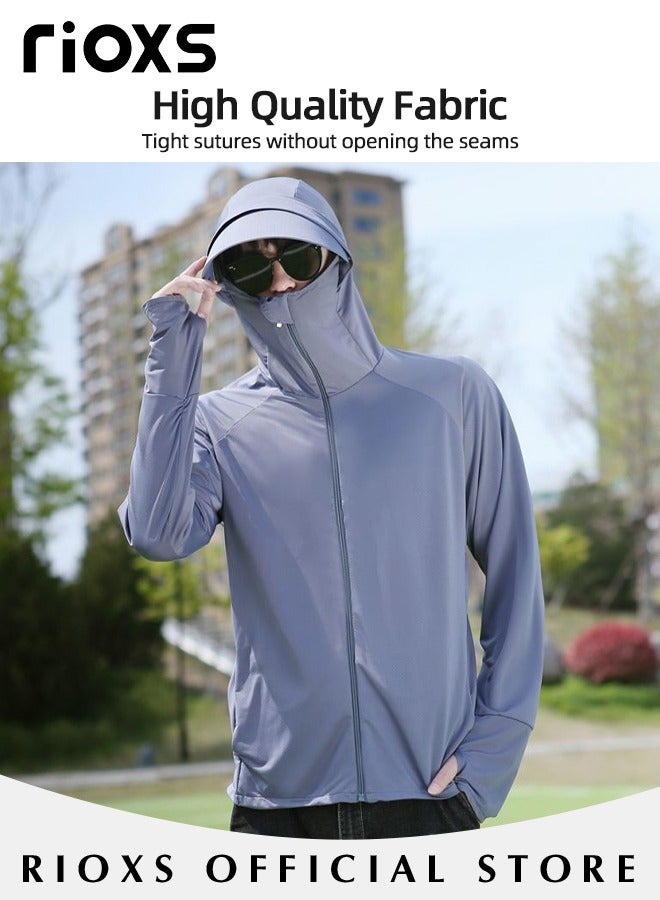 Men's Upf 50+ Uv Sun Protection Ice Silk Clothing Long Sleeve Athletic Shirts Breathable Hoodie Zip Up Outdoor Jacket With Detachable Lens