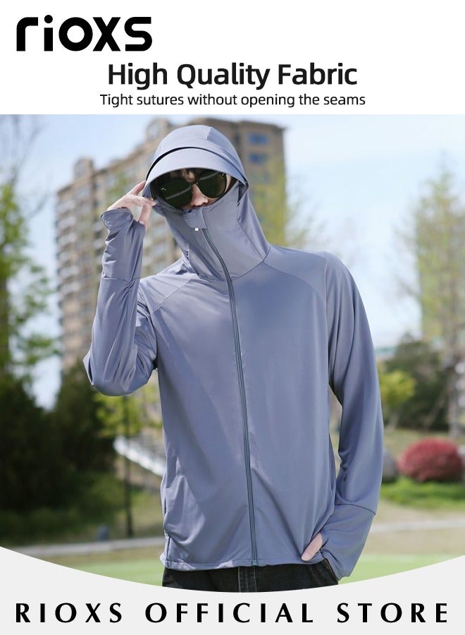 Men's UPF 50+ Sun Protection Clothing, Outdoor Lightweight Full Zip Hoodie Jacket with Face Mask Design, Comfy Breathable Long Sleeve Coat with Thumbholes and Detachable Brim, Suitable for Daily Wear, Sports Training, Hiking, Fishing, Climbing or Other Outdoor Activities