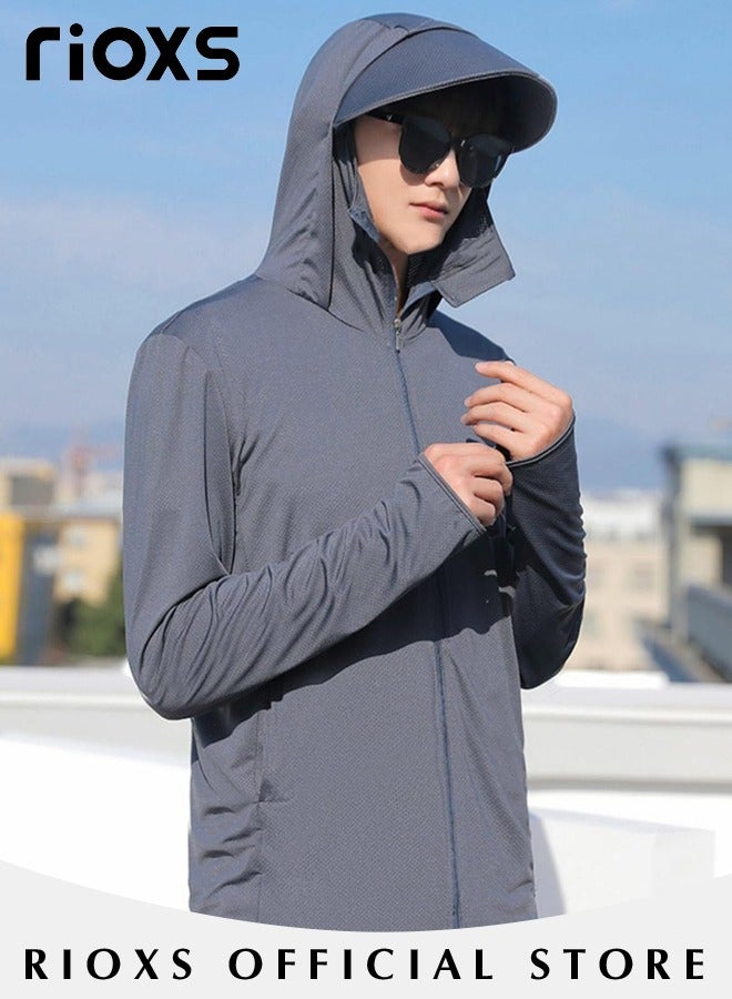 Men's UPF 50+ Sun Protection Clothing, Outdoor Lightweight Full Zip Hoodie Jacket with Face Mask Design, Comfy Breathable Long Sleeve Coat with Thumbholes and Detachable Brim, Suitable for Daily Wear, Sports Training, Hiking, Fishing, Climbing or Other Outdoor Activities