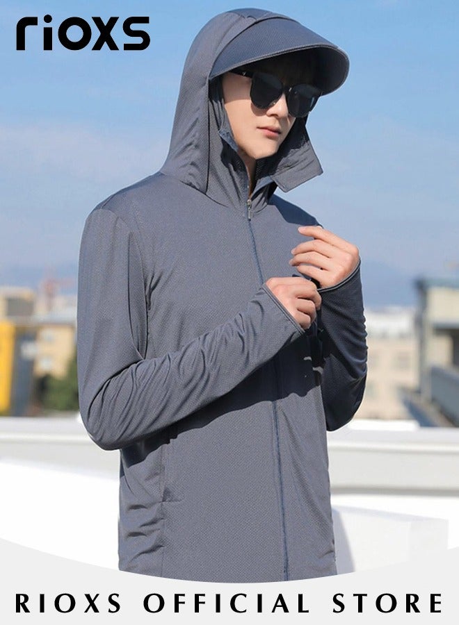 Men's Upf 50+ Uv Sun Protection Ice Silk Clothing Long Sleeve Athletic Shirts Breathable Hoodie Zip Up Outdoor Jacket With Detachable Lens