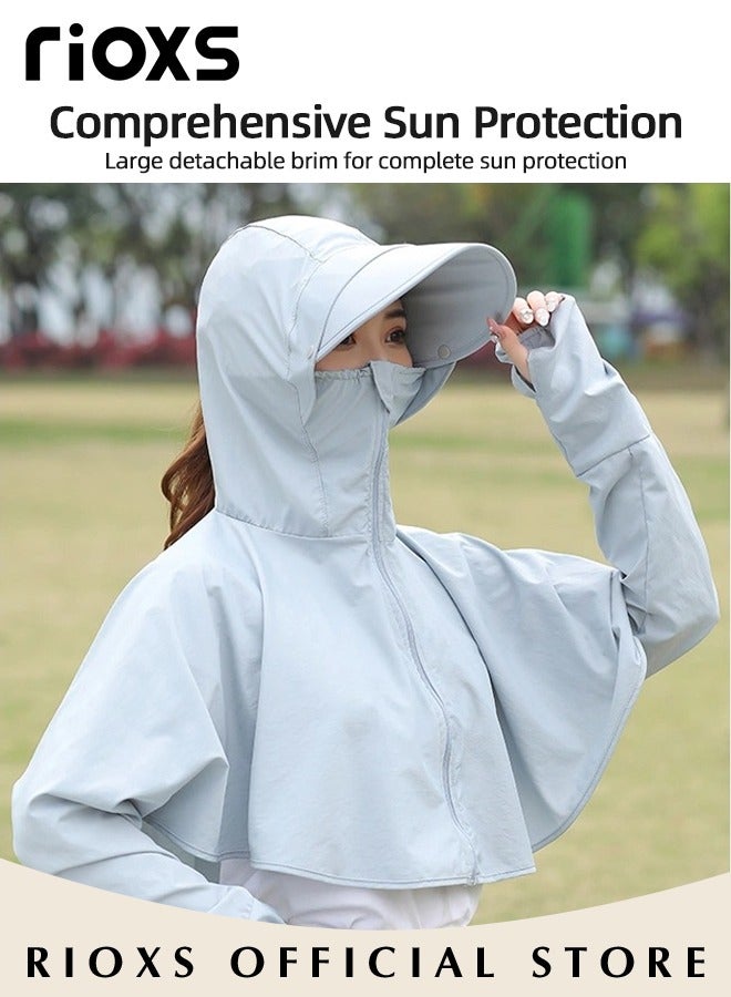 Women's UPF 50+ Sun Protection Clothing, Outdoor Lightweight Full Zip Hoodie Jacket with Face Mask Design, Comfy Breathable Long Sleeve Coat with Thumbholes and Large Brim, Suitable for Daily Wear, Sports Training, Hiking, Fishing, Climbing or Other Outdoor Activities