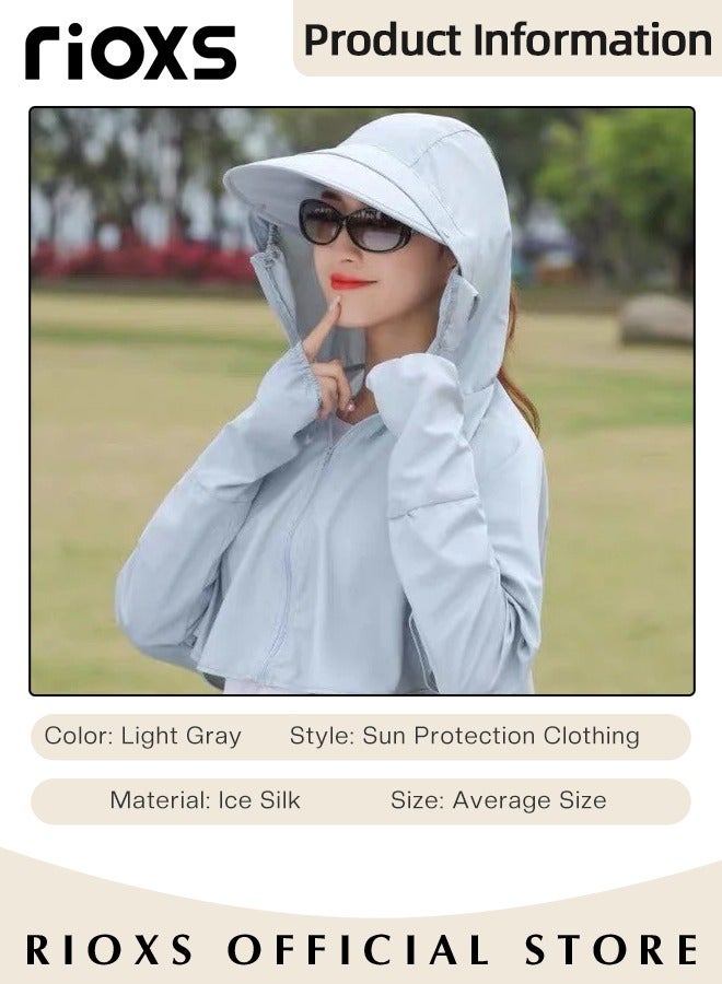 Women's UPF 50+ Sun Protection Clothing, Outdoor Lightweight Full Zip Hoodie Jacket with Face Mask Design, Comfy Breathable Long Sleeve Coat with Thumbholes and Large Brim, Suitable for Daily Wear, Sports Training, Hiking, Fishing, Climbing or Other Outdoor Activities