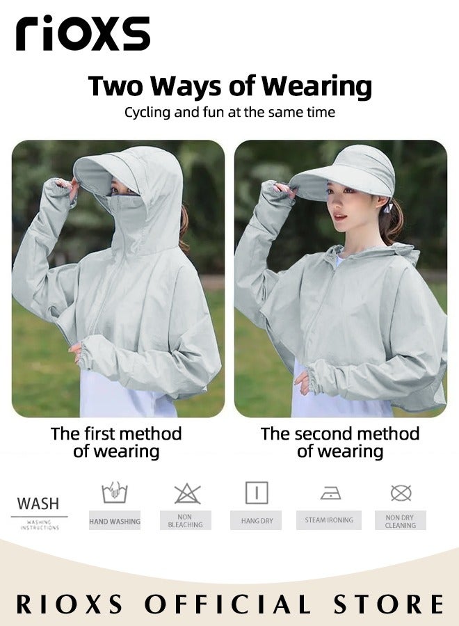 Women's UPF 50+ Sun Protection Clothing, Outdoor Lightweight Full Zip Hoodie Jacket with Face Mask Design, Comfy Breathable Long Sleeve Coat with Thumbholes and Large Brim, Suitable for Daily Wear, Sports Training, Hiking, Fishing, Climbing or Other Outdoor Activities