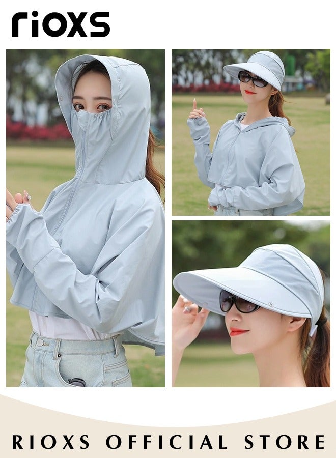 Women's UPF 50+ Sun Protection Clothing, Outdoor Lightweight Full Zip Hoodie Jacket with Face Mask Design, Comfy Breathable Long Sleeve Coat with Thumbholes and Large Brim, Suitable for Daily Wear, Sports Training, Hiking, Fishing, Climbing or Other Outdoor Activities