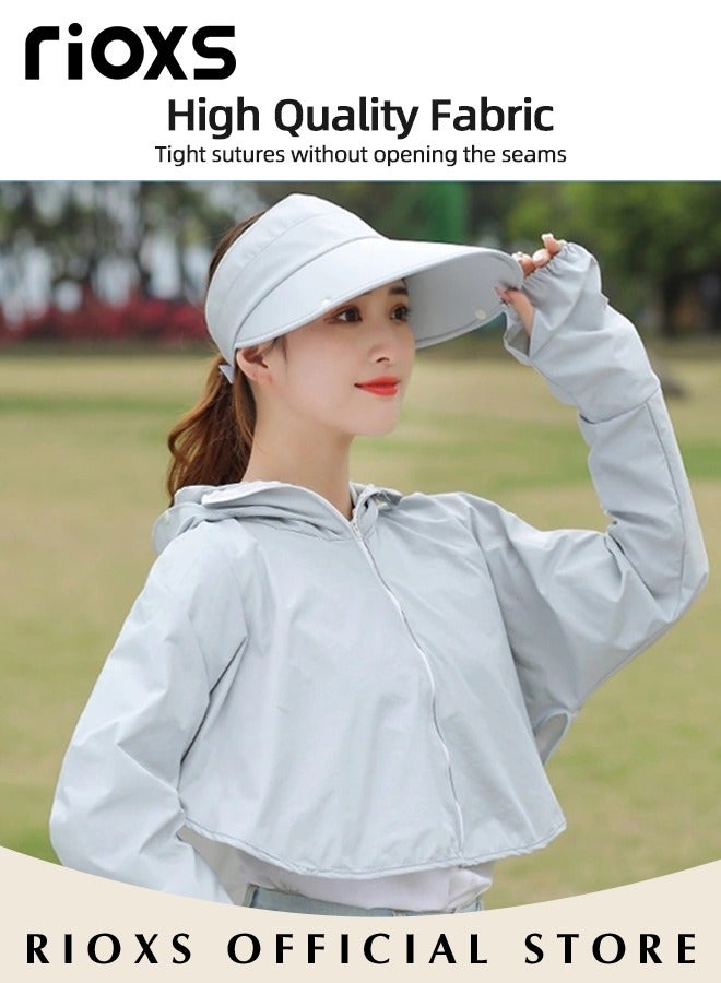 Women's UPF 50+ Sun Protection Clothing, Outdoor Lightweight Full Zip Hoodie Jacket with Face Mask Design, Comfy Breathable Long Sleeve Coat with Thumbholes and Large Brim, Suitable for Daily Wear, Sports Training, Hiking, Fishing, Climbing or Other Outdoor Activities
