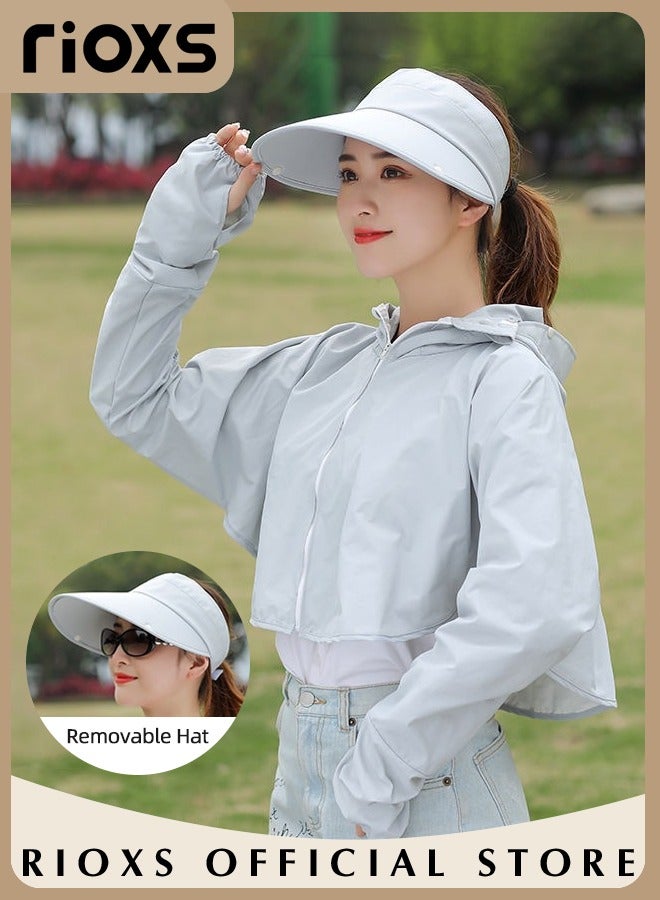 Women's UPF 50+ Sun Protection Clothing, Outdoor Lightweight Full Zip Hoodie Jacket with Face Mask Design, Comfy Breathable Long Sleeve Coat with Thumbholes and Large Brim, Suitable for Daily Wear, Sports Training, Hiking, Fishing, Climbing or Other Outdoor Activities