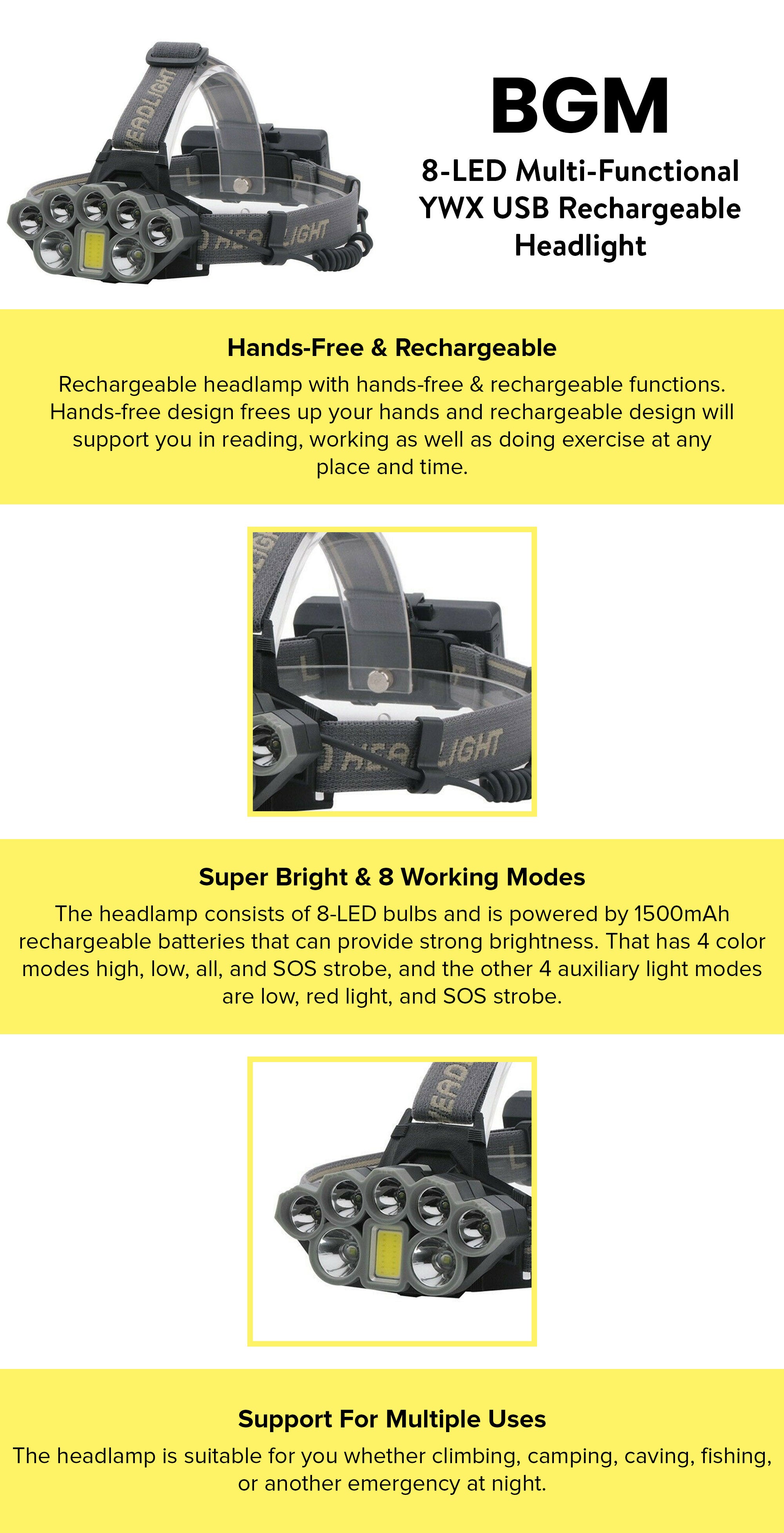 8-LED Multi-Functional YWX USB Rechargeable Headlight