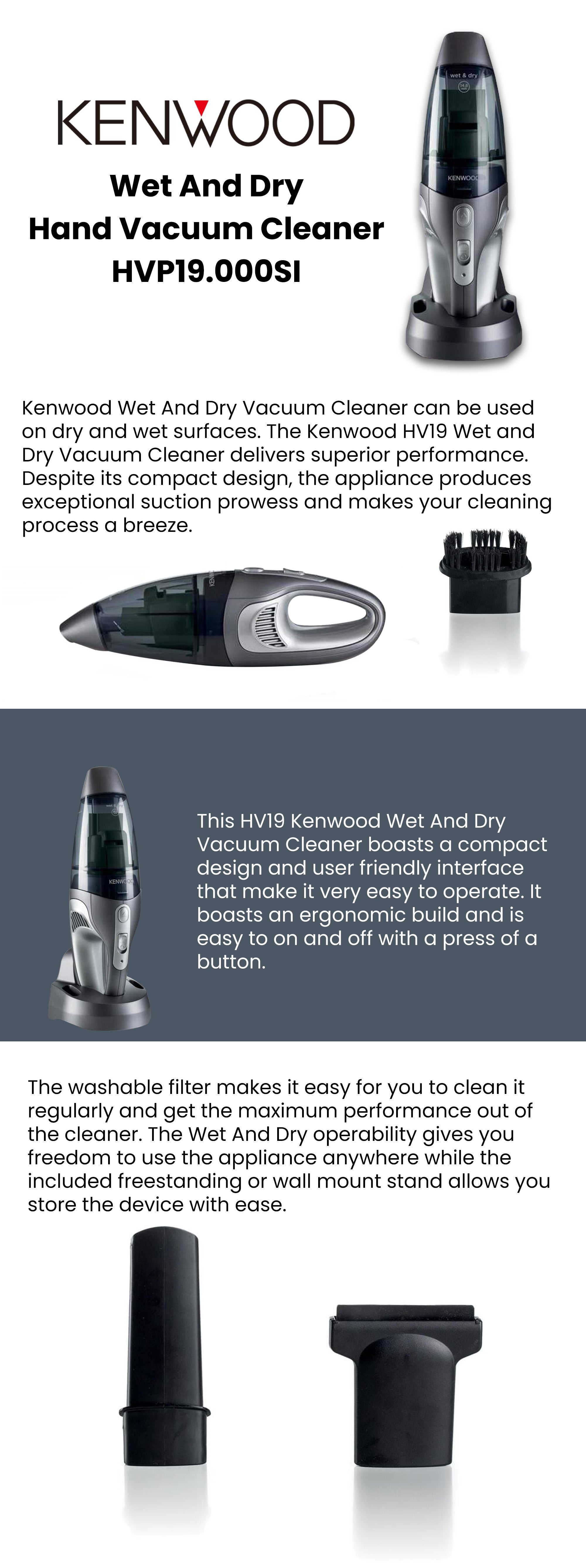 Cordless Vacuum Cleaner, Cordless Handheld, 14.8V Lithium Battery, 500ML Dust Capacity, Crevice Tools, Brush Nozzle, Squeege 120 W HVP19.000SI Silver