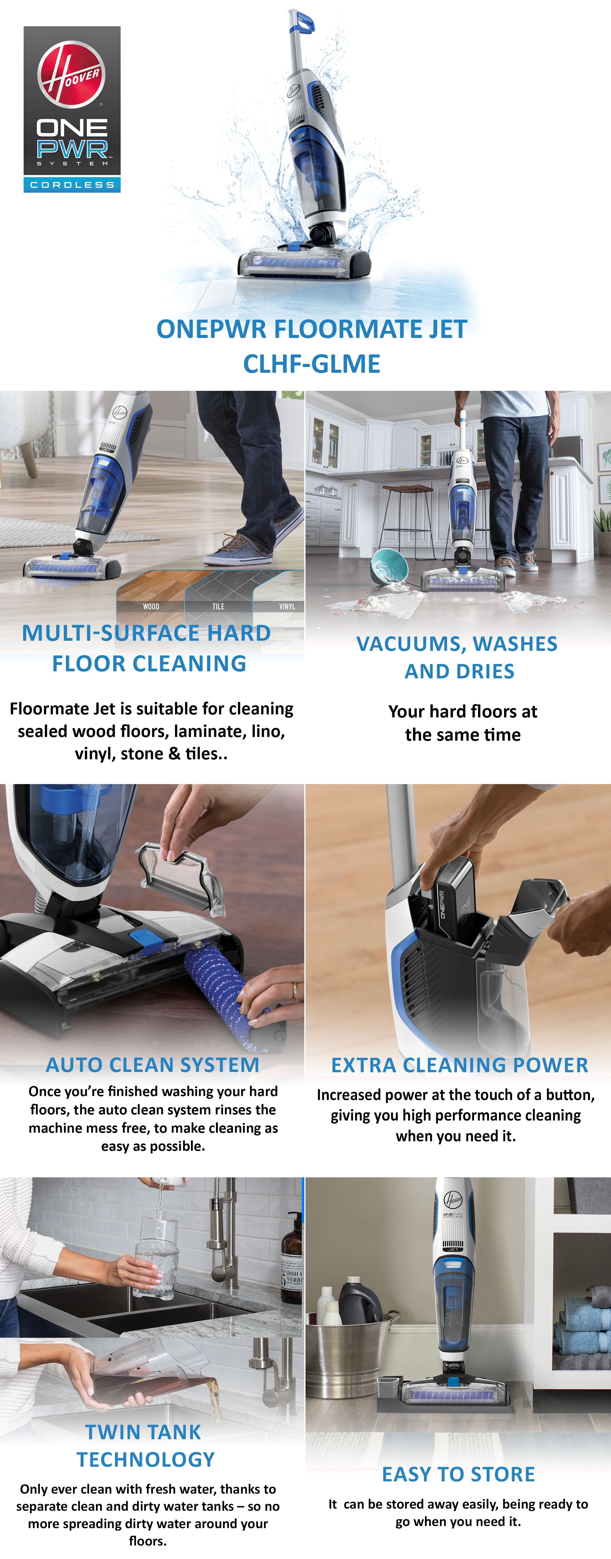 Onepwr Floormate JET Cordless Hard Floor Vacuum Cleaner Machine, Up To 30 Min Runtime, 3 Stage Filtration 3 In 1 Multi-Surface, Wash, Vac & Dry 0.65 L 1200 W CLHF-GLME Blue/Grey/Black