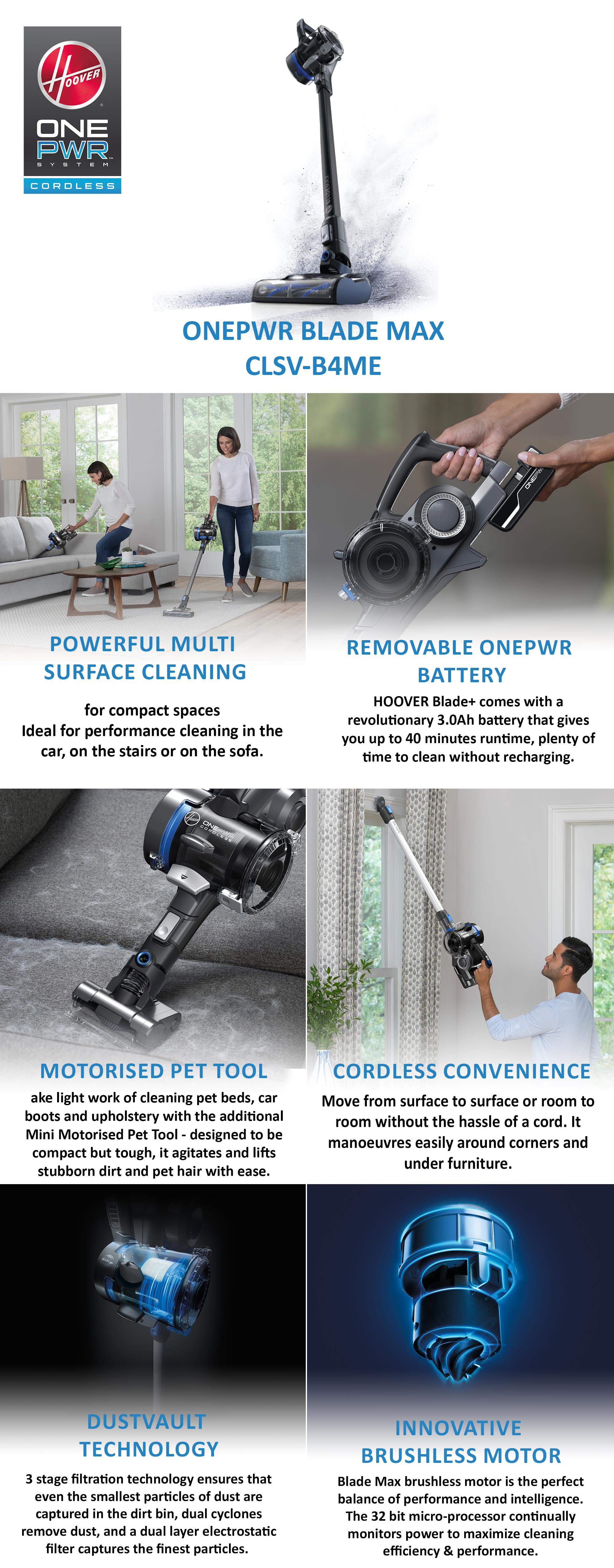 Onepwr Blade Max Cordless Vacuum Cleaner Machine, Up To 40 min Runtime, 3 Stage Filtration, Helix Technology, Wall Mount, Upholstery & Motorized Pet Tool 0.6 L 1200 W CLSV-B4ME Black