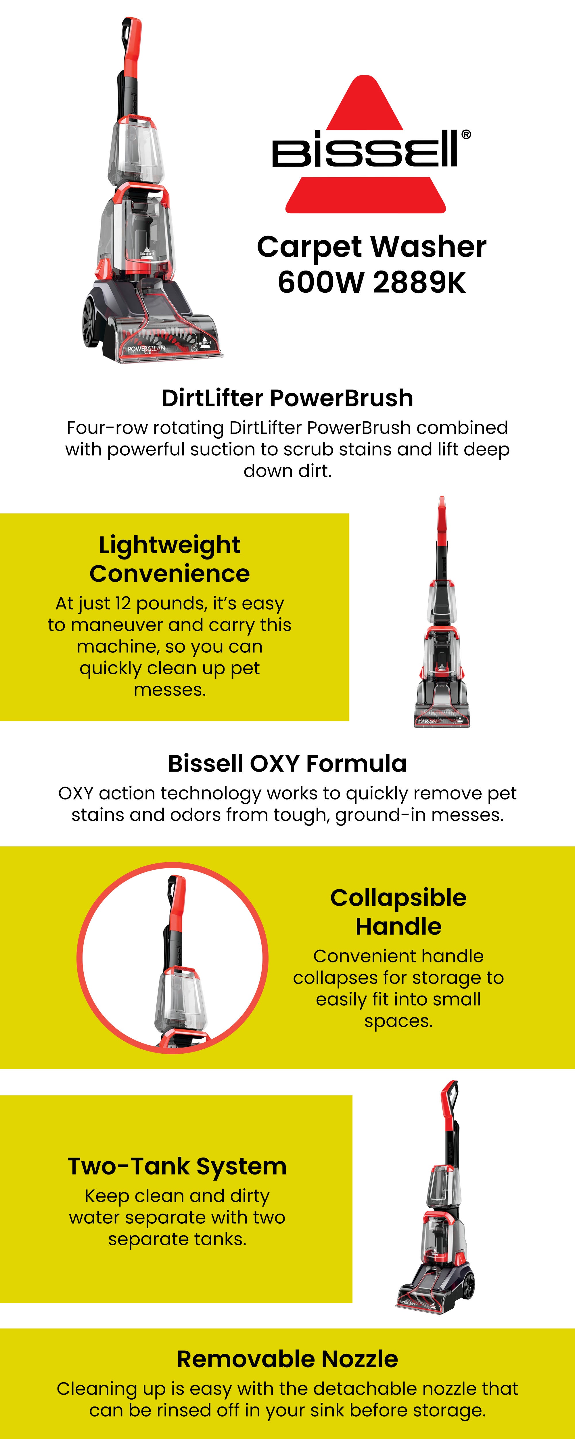 Upright Carpet Washer Turbo Clean Power Brush Deep Cleaner: Powerful Cleaning Performance for Carpets and Area Rugs 2.36 L 600 W 2889K Black/Red/Clear