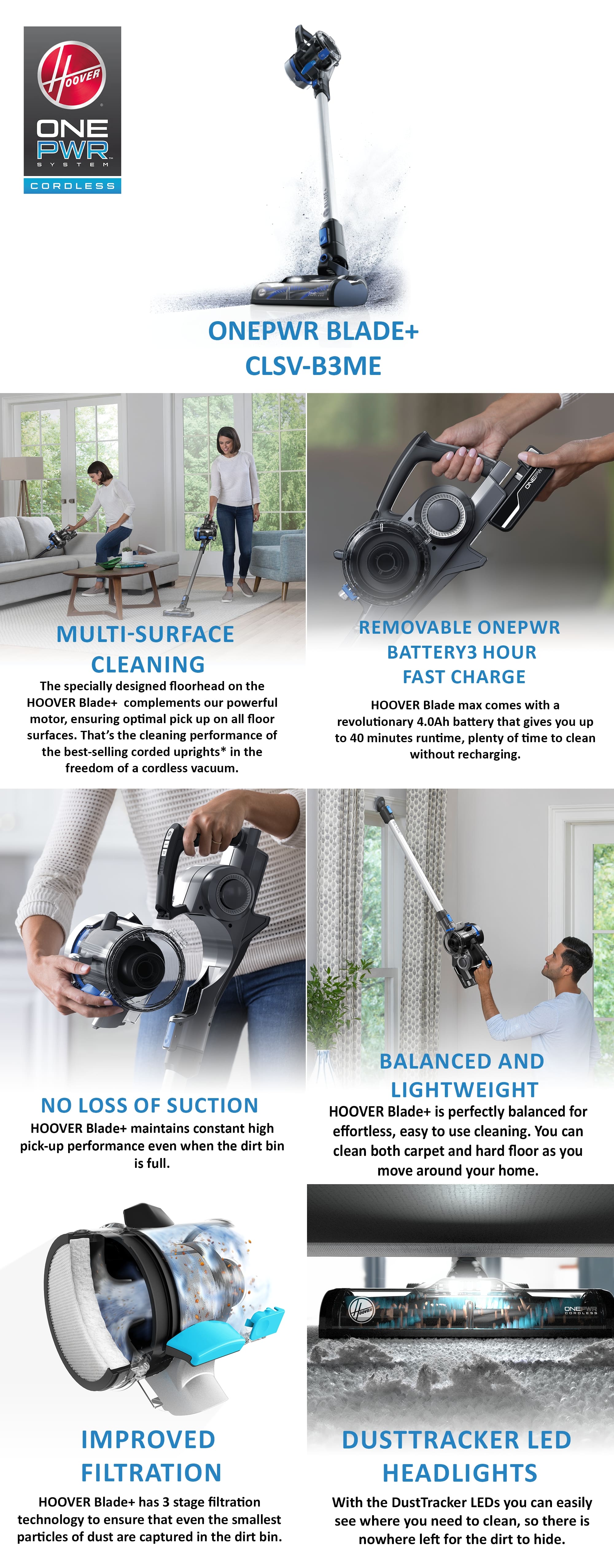 Onepwr Blade+ Cordless Vacuum Cleaner Machine, Up to 40 min Runtime,3 Stage Filtration, LED Headlights, Detachable Handheld, Wall Mount, Upholstery Tool 0.6 L 1200 W CLSV-B3ME Blue/Black/Silver