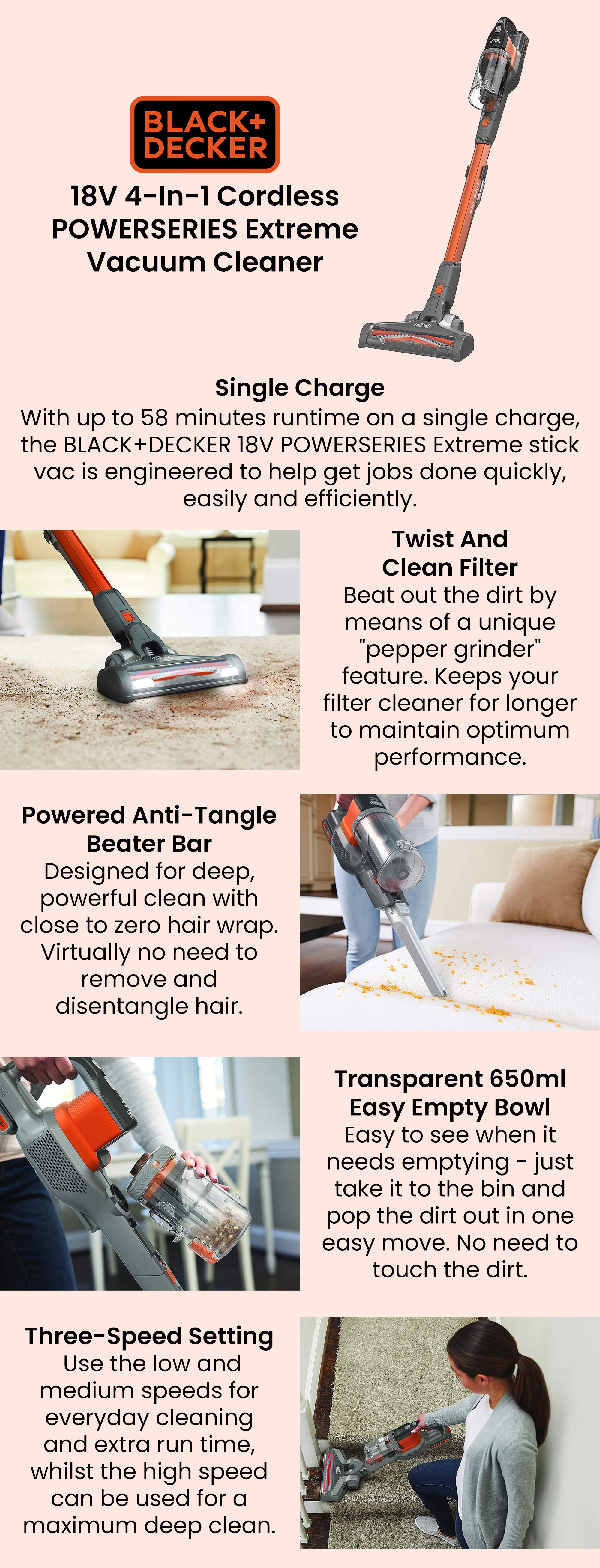 Cordless Stick Vacuum Cleaner with 4 in1 function, three speed setting and battery charge indicator 650 ml 36 W BHFEV182C-GB Orange