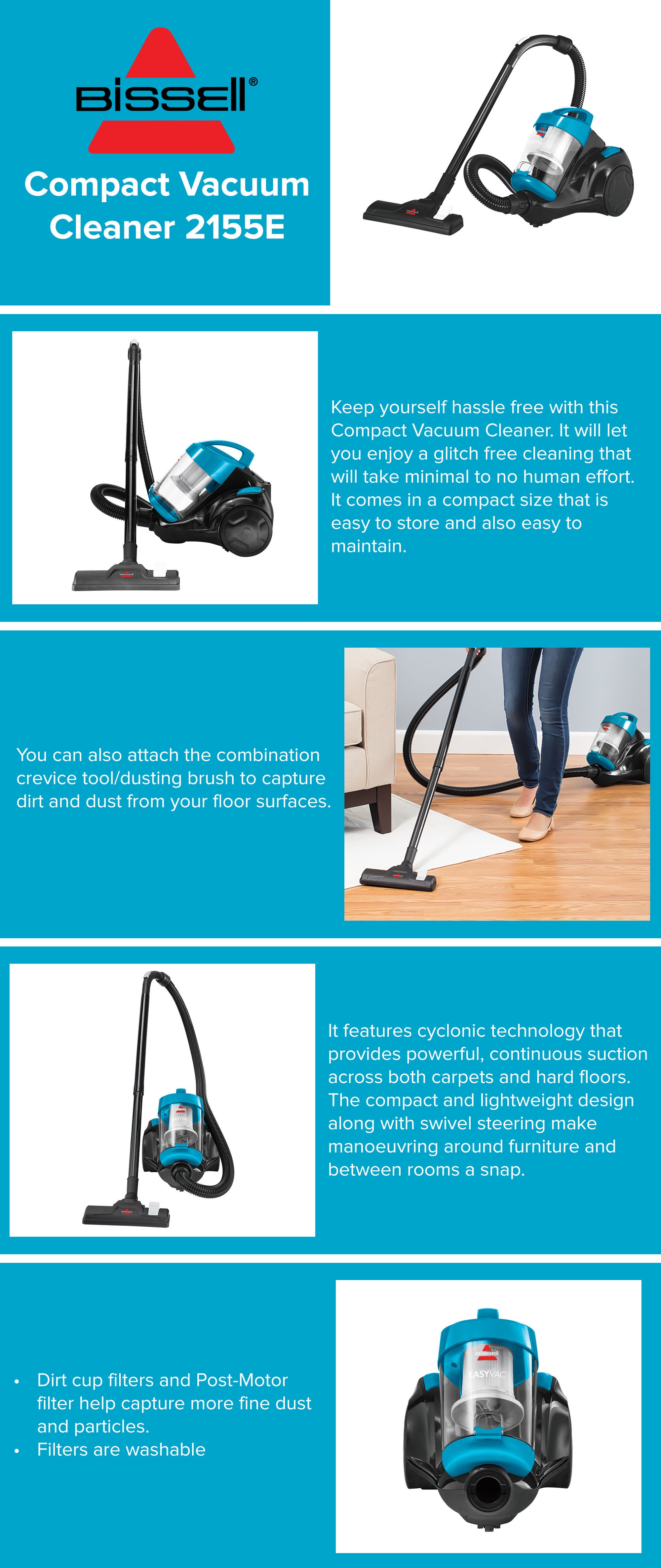 Zing Compact Canister Vacuum: Powerful Cyclonic Technology, Compact and Lightweight Design, Swivel Steering, Easy Empty Dirt Cup, Versatile Performance for Carpets and Hard Floors 2.5 L 1500 W 2155E Blue/Black