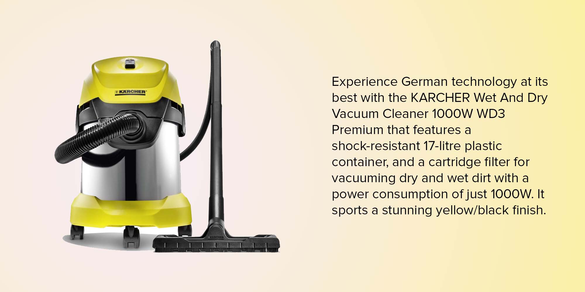 Wet And Dry Vacuum Cleaner 17 L 1000 W WD3 Premium Yellow/Silver/Black