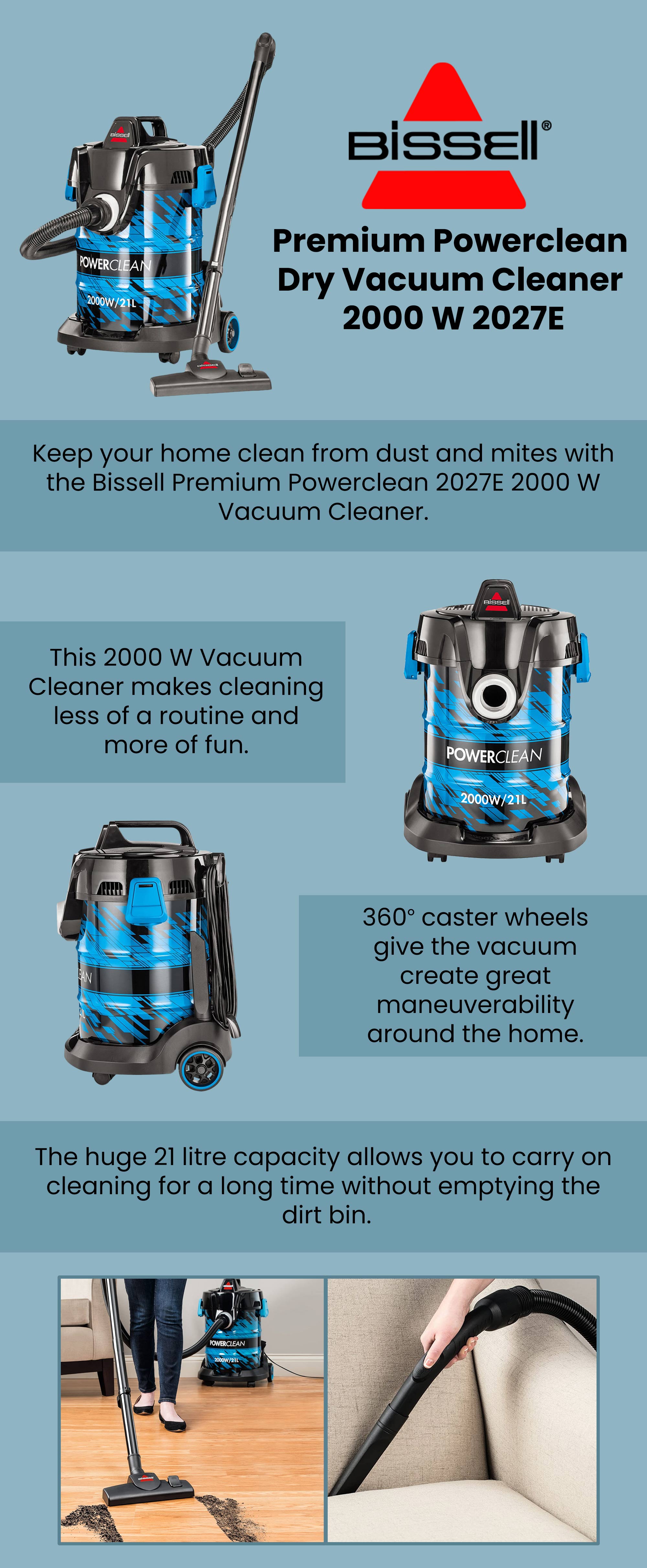 Drum PowerClean 2000W Dry 21L Vacuum Cleaner: Powerful Suction, High Capacity Tank, Onboard Storage, Enhanced Maneuverability - Ideal for Dry Messes on Floors and Off-Floor Cleaning 21 L 2000 W 2027E Blue/Black