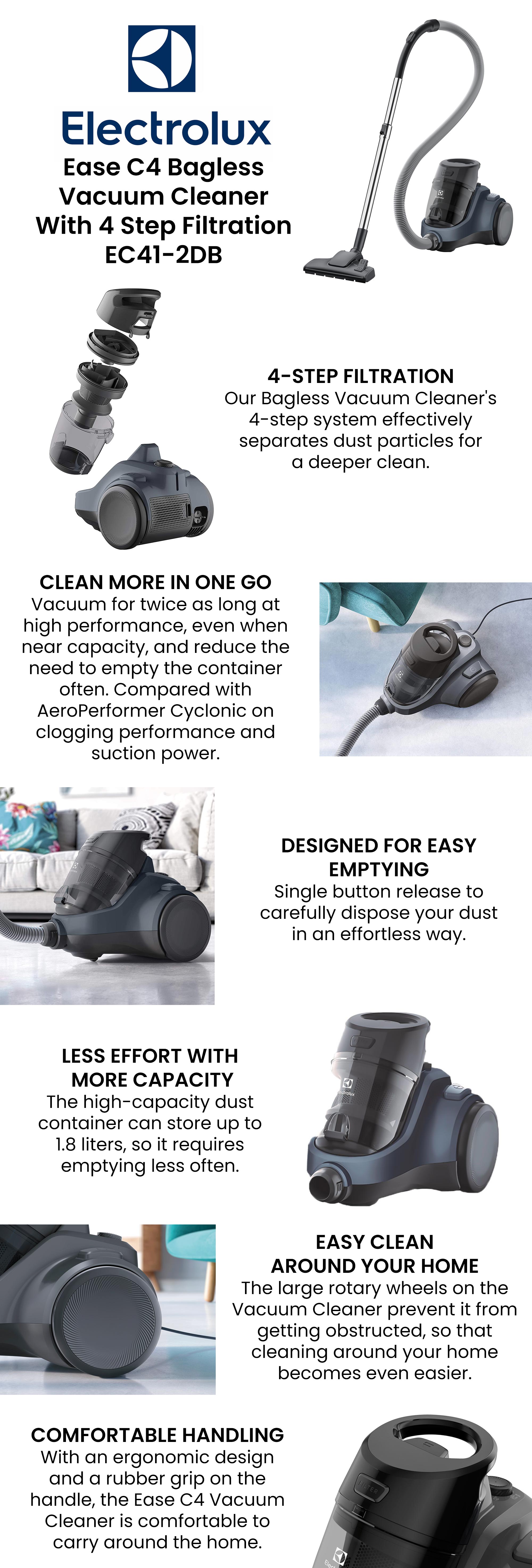 Canister Bagless Vacuum Cleaner With 4 Steps Filtration And Washable Filter For Pet Hair, Carpet, Tile, Hard Floor, 1.8L Dust Capacity, Easy Emptying With Single Button Release 2000 W EC41-2DB Denim Blue