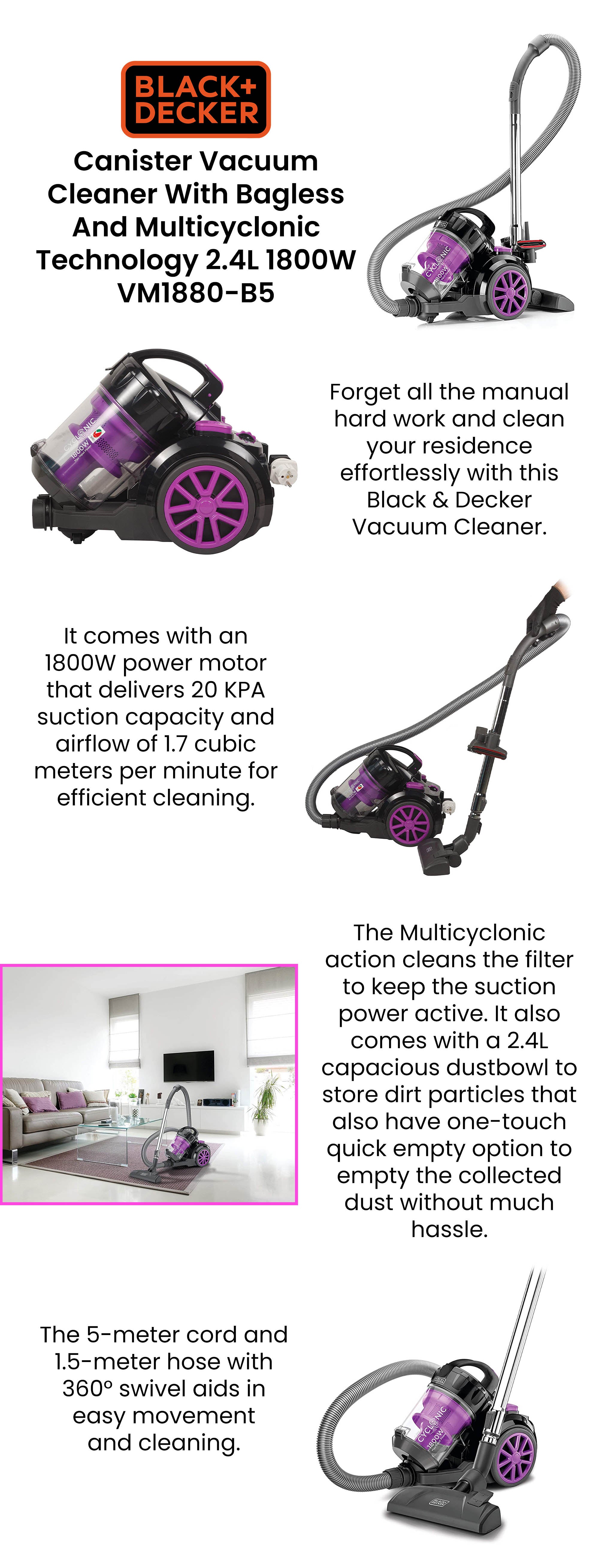 Vacuum Cleaner With Bagless And Multicyclonic Technology 2.5 L 1600 W VM1880-B5 Black/Purple/Grey