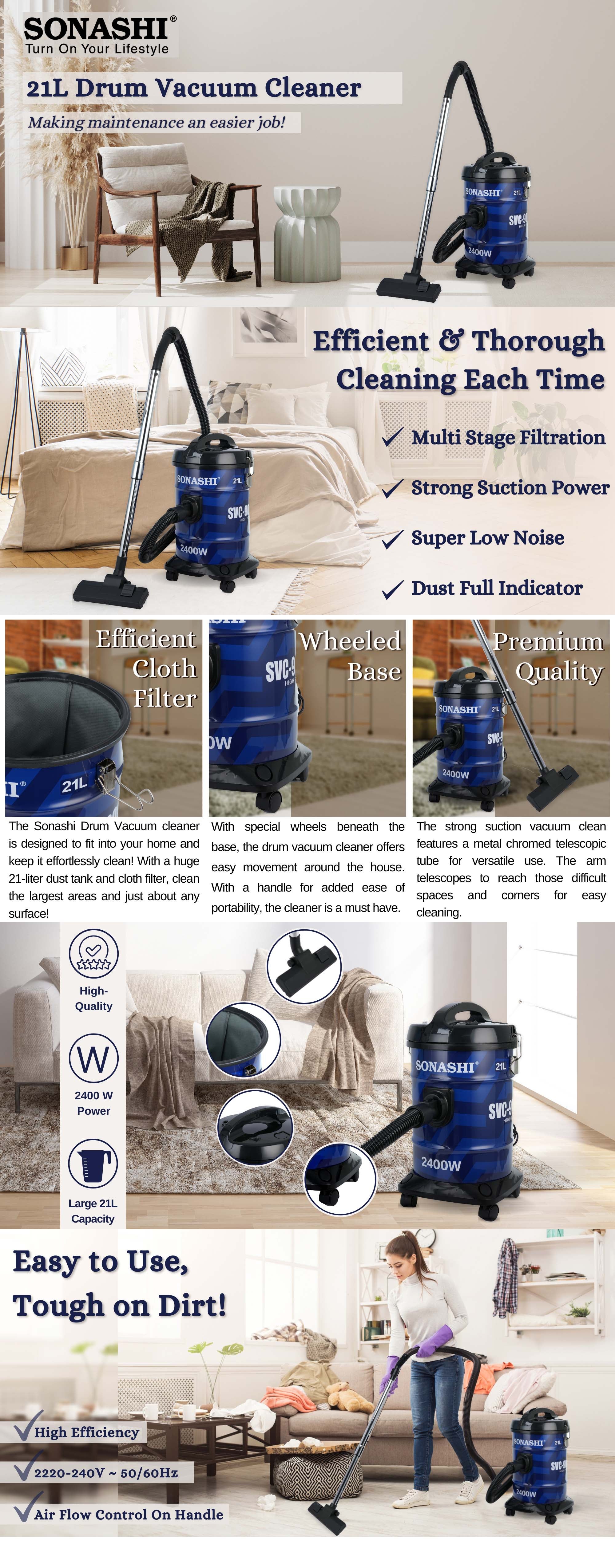 21 Liter Drum Vacuum Cleaner | Large Capacity of 21 Litres with Dust Full Indicator, Blow Function | Multi-Stage Filtration with Strong Suction Power | Vacuum Cleaner 2400 W SVC-9008DN Blue/Black