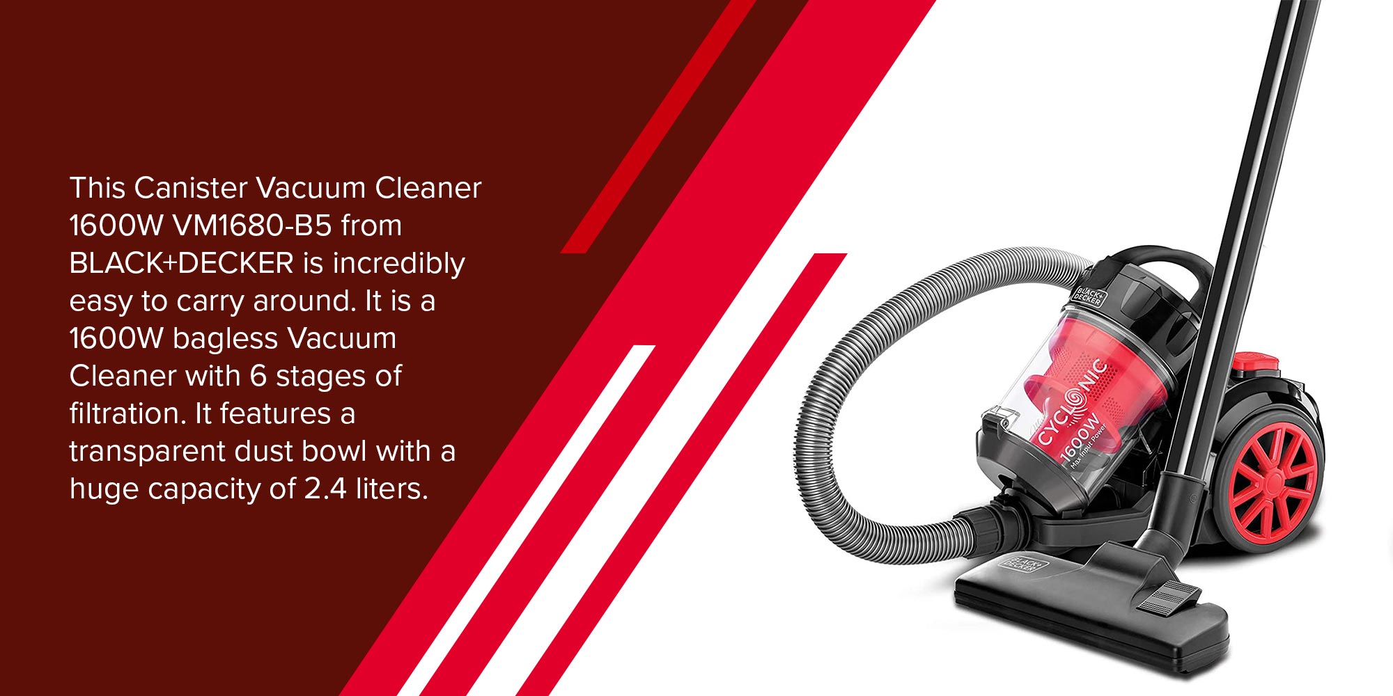 Multi-Cyclonic Bagless Corded Canister Vacuum Cleaner with 6 Stage Filtration, 20 kPa Suction Power, 2.5 L 1400 W VM1680-B5 Black/Red/Grey