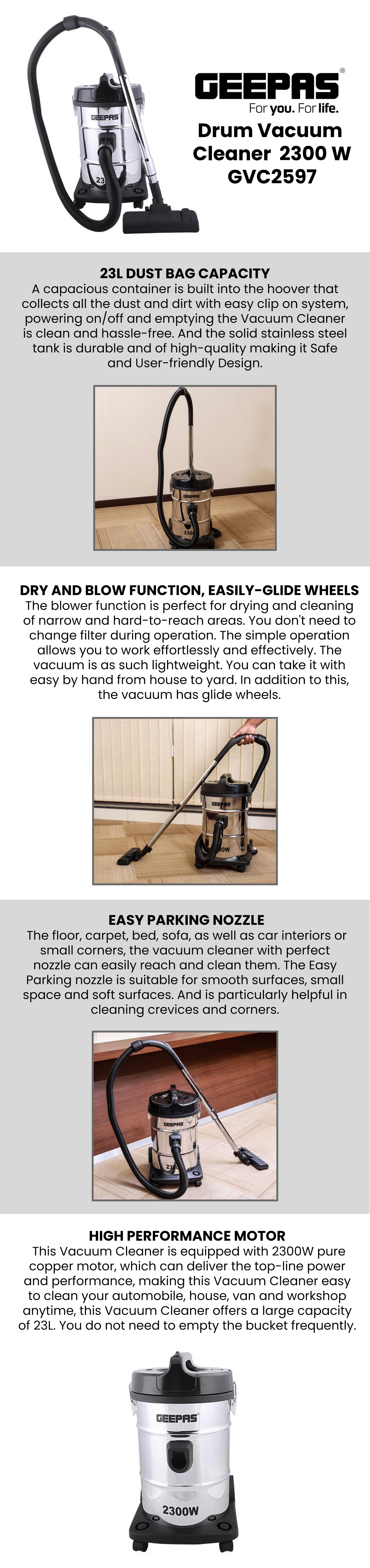 2-in-1 Blow and Dry Vacuum Cleaner, Powerful Copper Motor, Stainless Steel Tank - Dust Full Indicator - 2-Year Warranty 23 L 2300 W GVC2597 Silver/Black