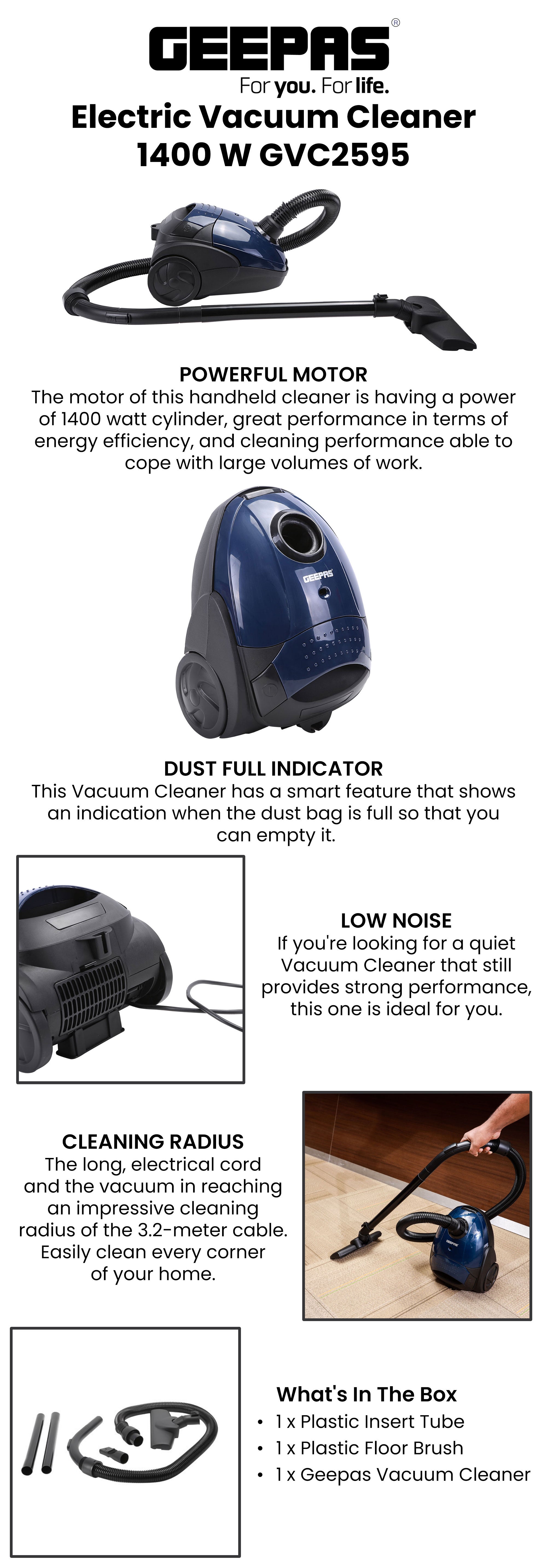 Vacuum Cleaner With Powerful Suction, Low Noise Design, Dust Full Indicator, Flexible Hose With Air Flow On Handle, Plastic Insert Tube, Dustbag 1.5L, Pedal Switch And Auto Rewinding Wire 1.5 L 1400 W GVC2595 Red/Black