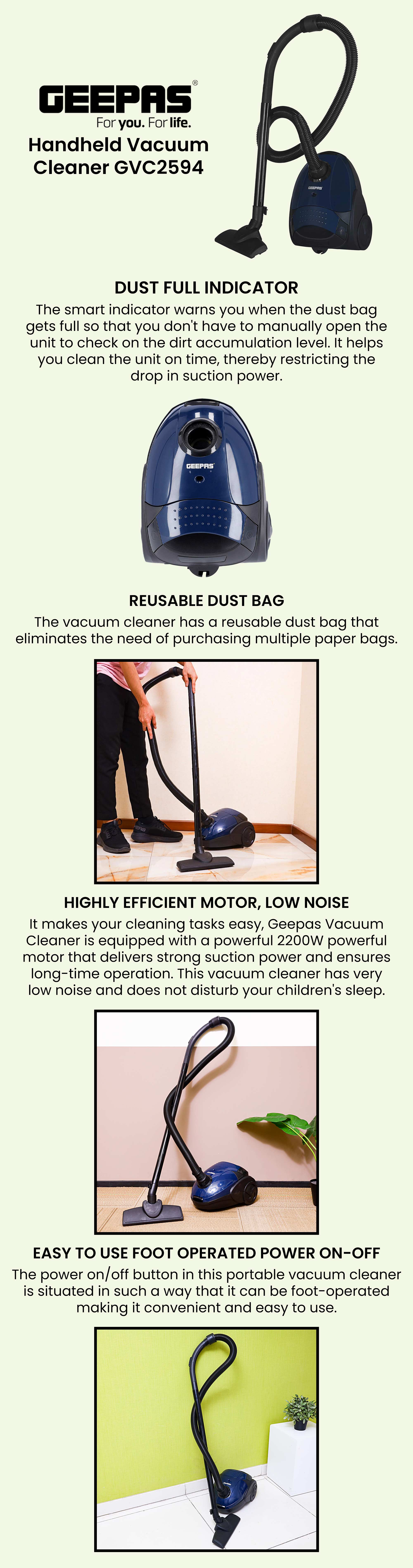 Vacuum Cleaner With 1.5 L Dust Bag Capacity and Dust Full Indicator| Powerful Suction and Low Noise| Includes Flexible Hose, Plastic Insert Tube and Plastic Floor Brush| Pedal Switch and Auto Rewinding 1.5 L 2200 W GVC2594 Blue, Black