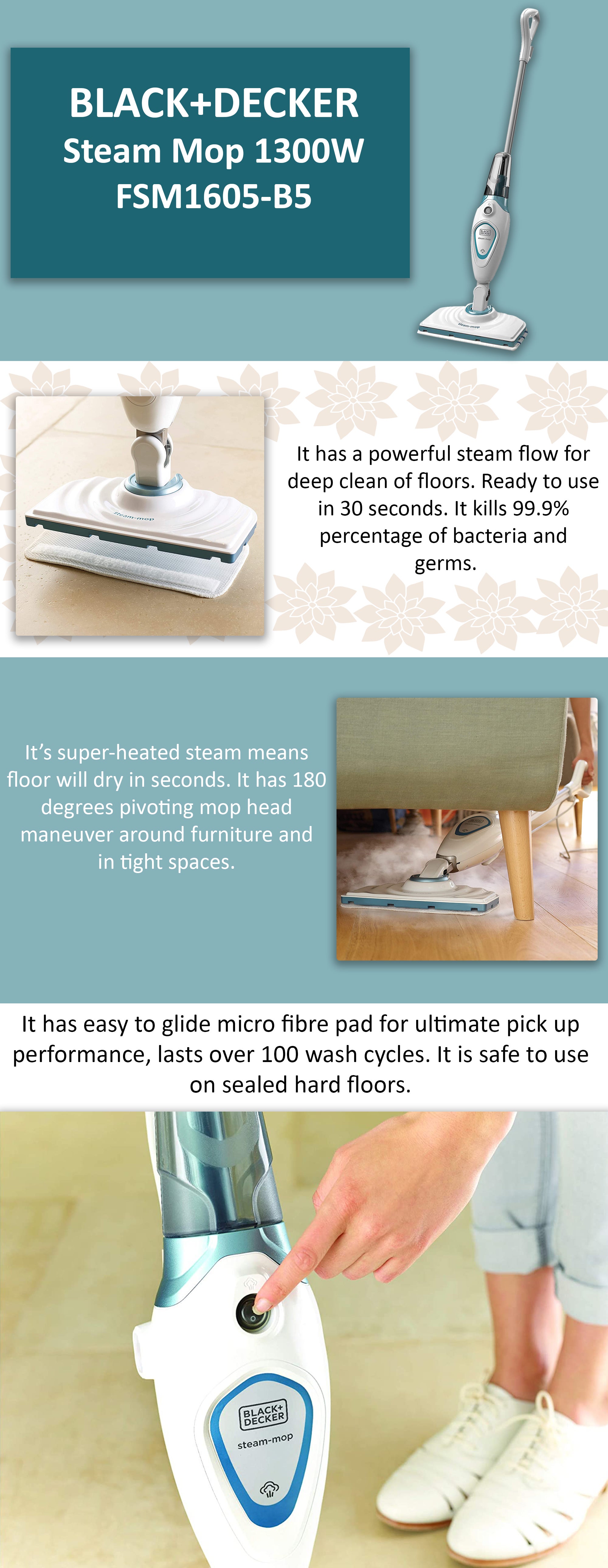 Steam Mop with Superheated Steam, Swivel Head and Microfiber Pad 1300 W FSM1605-B5 Grey/White