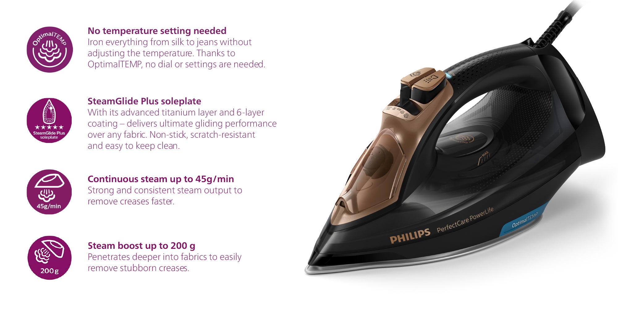 Perfect Care Power Life Steam Iron Soleplate 300 ml 2600 W GC3929 Black/Brown