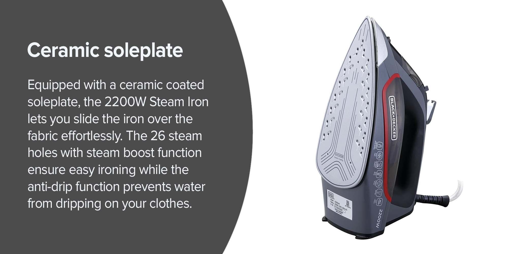 Steam Iron with Ceramic Soleplate, 380ml Water Tank, Powerful Steam Burst, Adjustable Thermostat, Shockproof Body, 27 Steam Vents for Even Heat Distribution, 380 ml 2200 W X2050-B5 Grey/Black