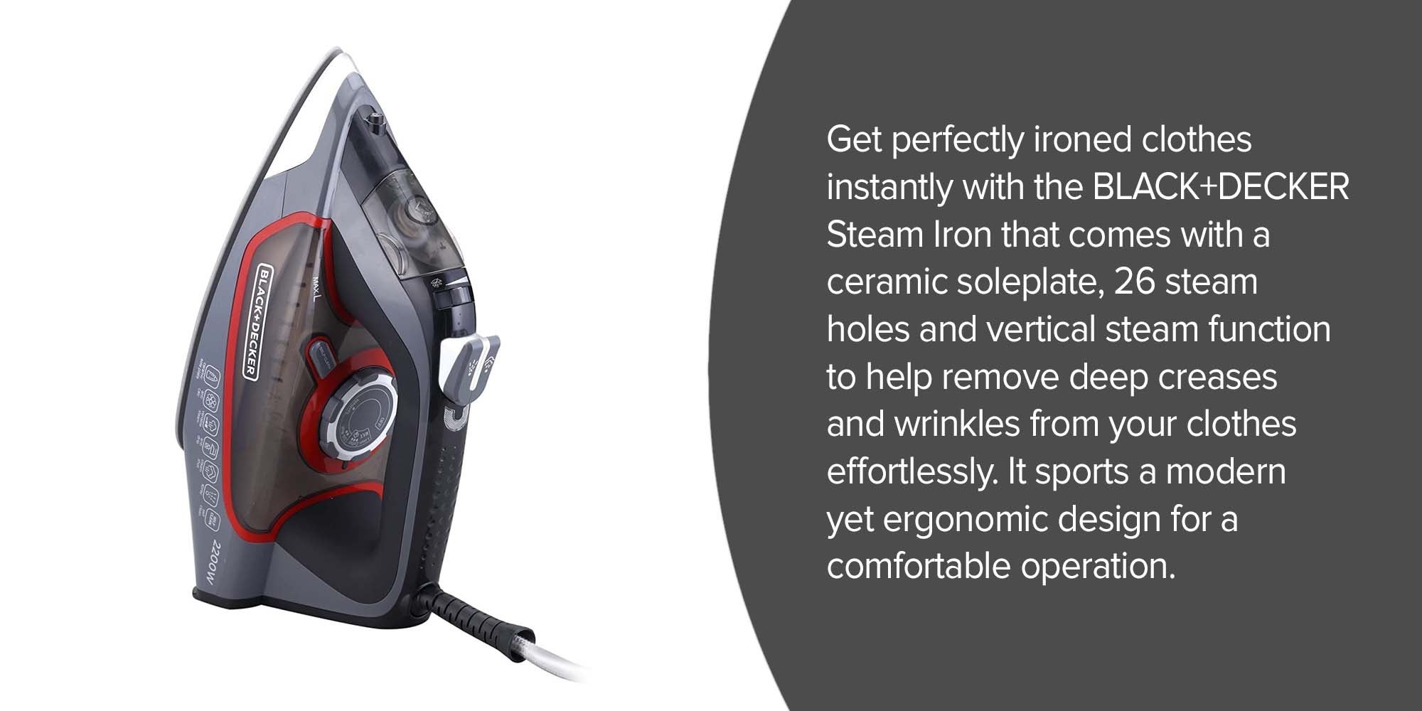 Steam Iron with Ceramic Soleplate, 380ml Water Tank, Powerful Steam Burst, Adjustable Thermostat, Shockproof Body, 27 Steam Vents for Even Heat Distribution, 380 ml 2200 W X2050-B5 Grey/Black