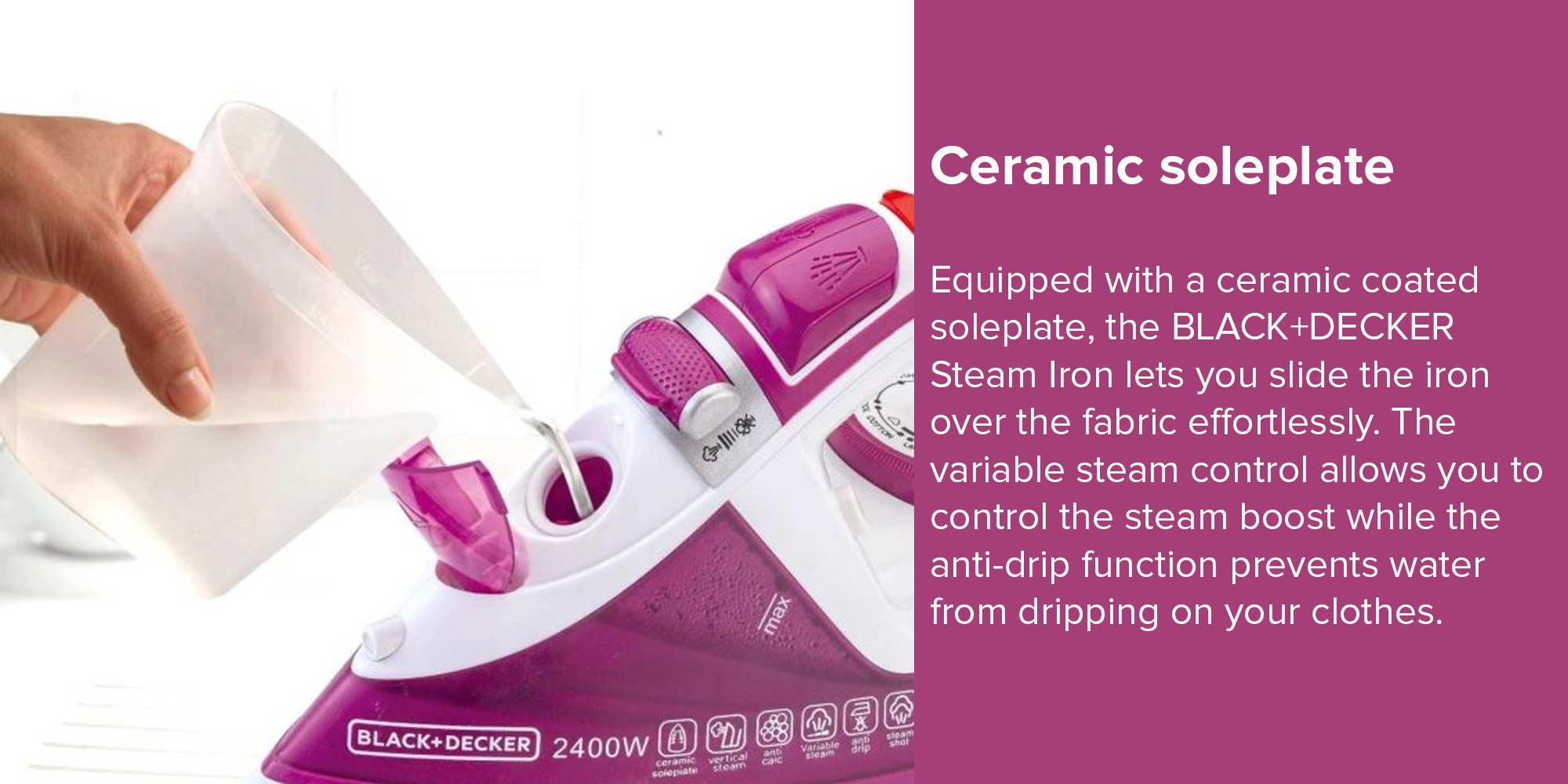 Steam Iron, Ceramic Soleplate, 2-Way Auto Shutoff, Variable Steam Control, Vertical Steam, Anti-Calc System, Self-Clean Function, 60g/min Boost, 320 ml 2400 W X2450-B5 Purple/White