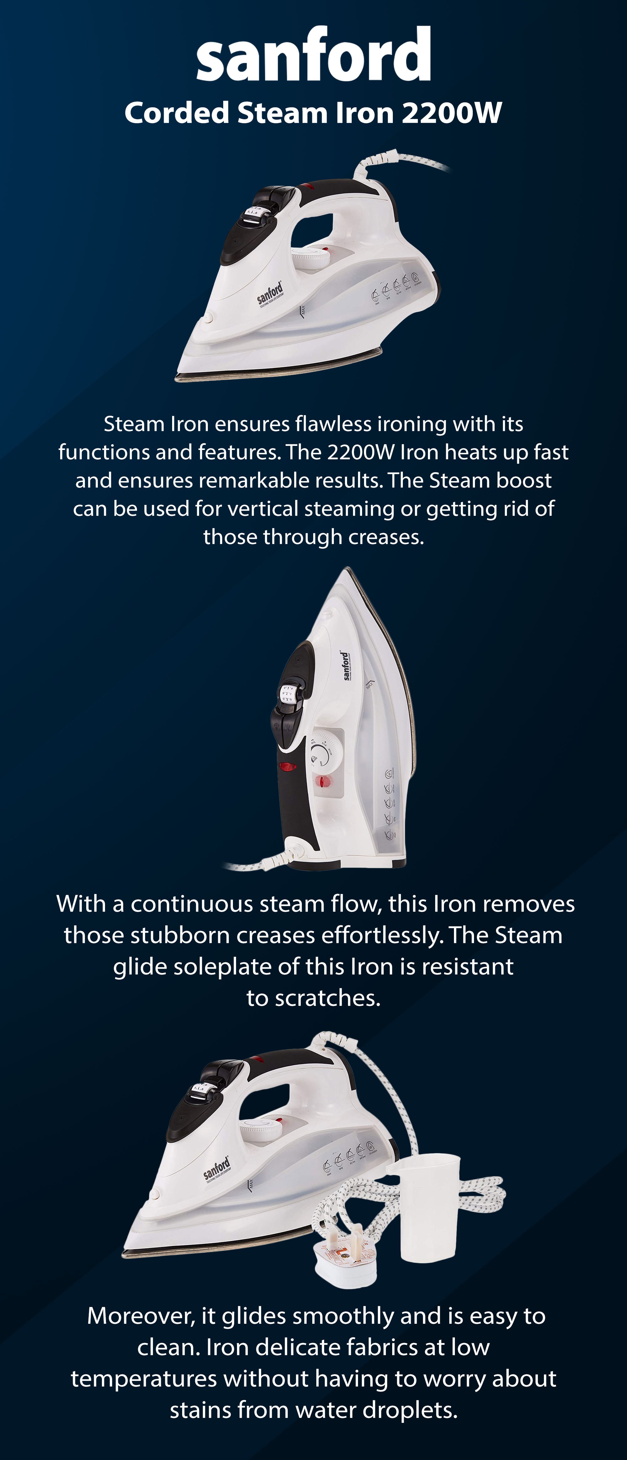 Steam Iron with Burst Steam,Spray,Dry, Removes Wrinkles, Auto Clean Function, 2 yrs Warranty 390 ml 2200 W SF47SI White