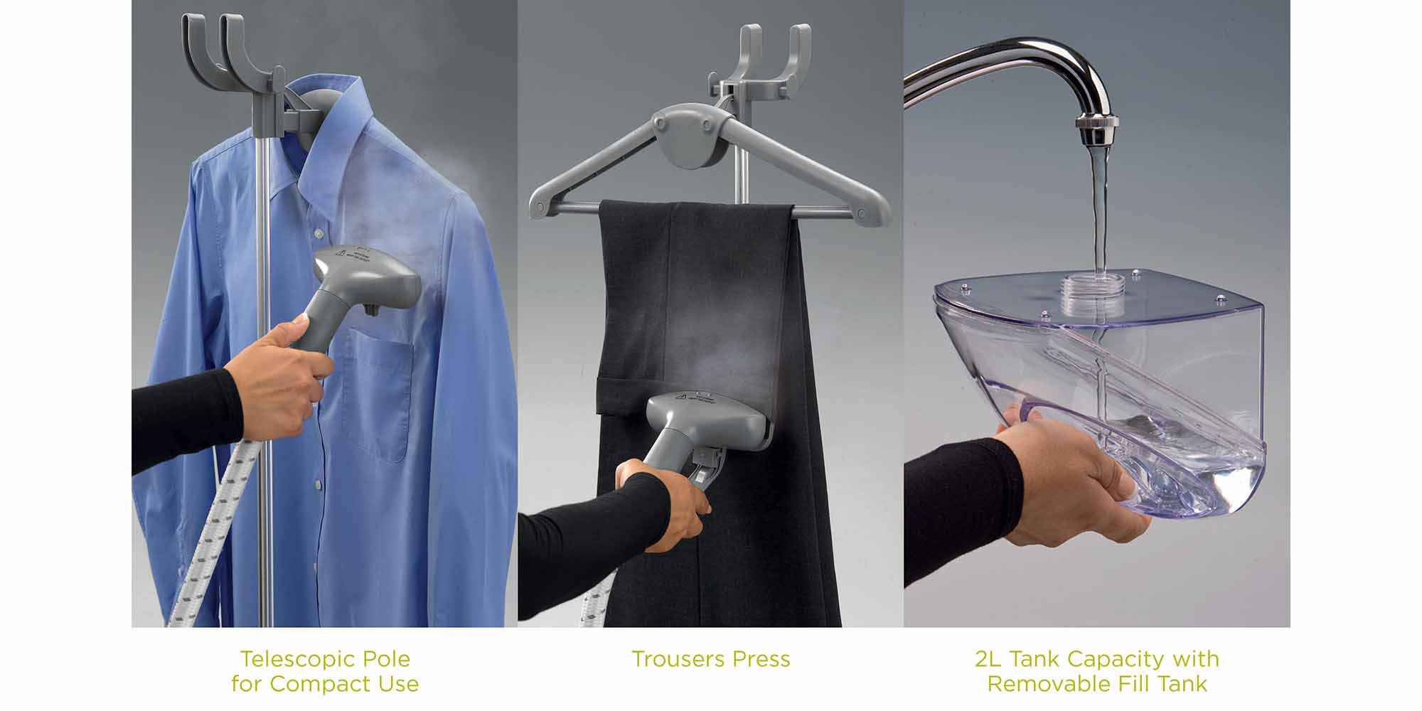 Garment Steamer With 2L Water Tank Capacity, Rotary Wheels, Folding Rack, Trouser Press, Glove 2 L 1500 W GSP65 Black