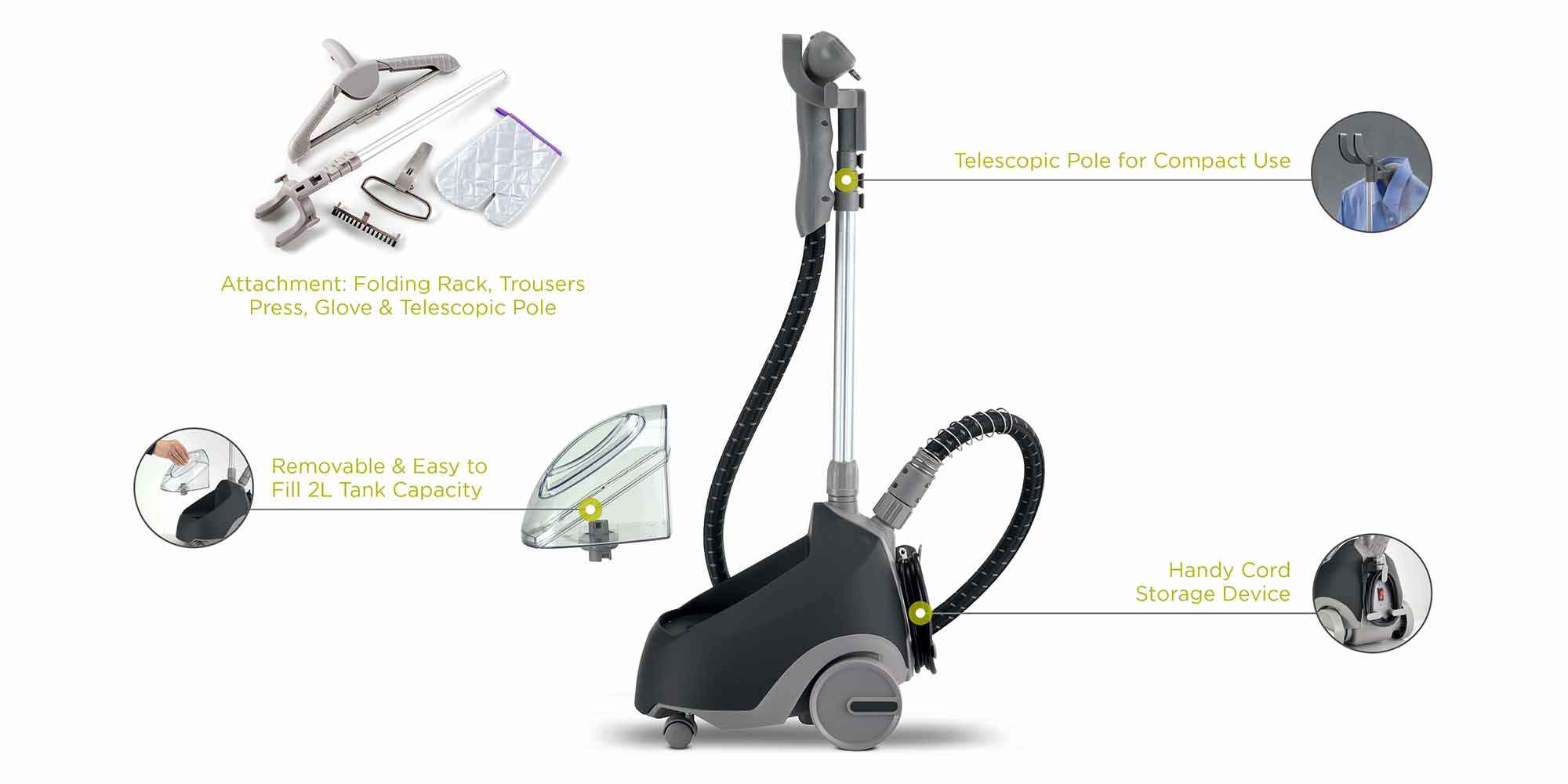 Garment Steamer With 2L Water Tank Capacity, Rotary Wheels, Folding Rack, Trouser Press, Glove 2 L 1500 W GSP65 Black