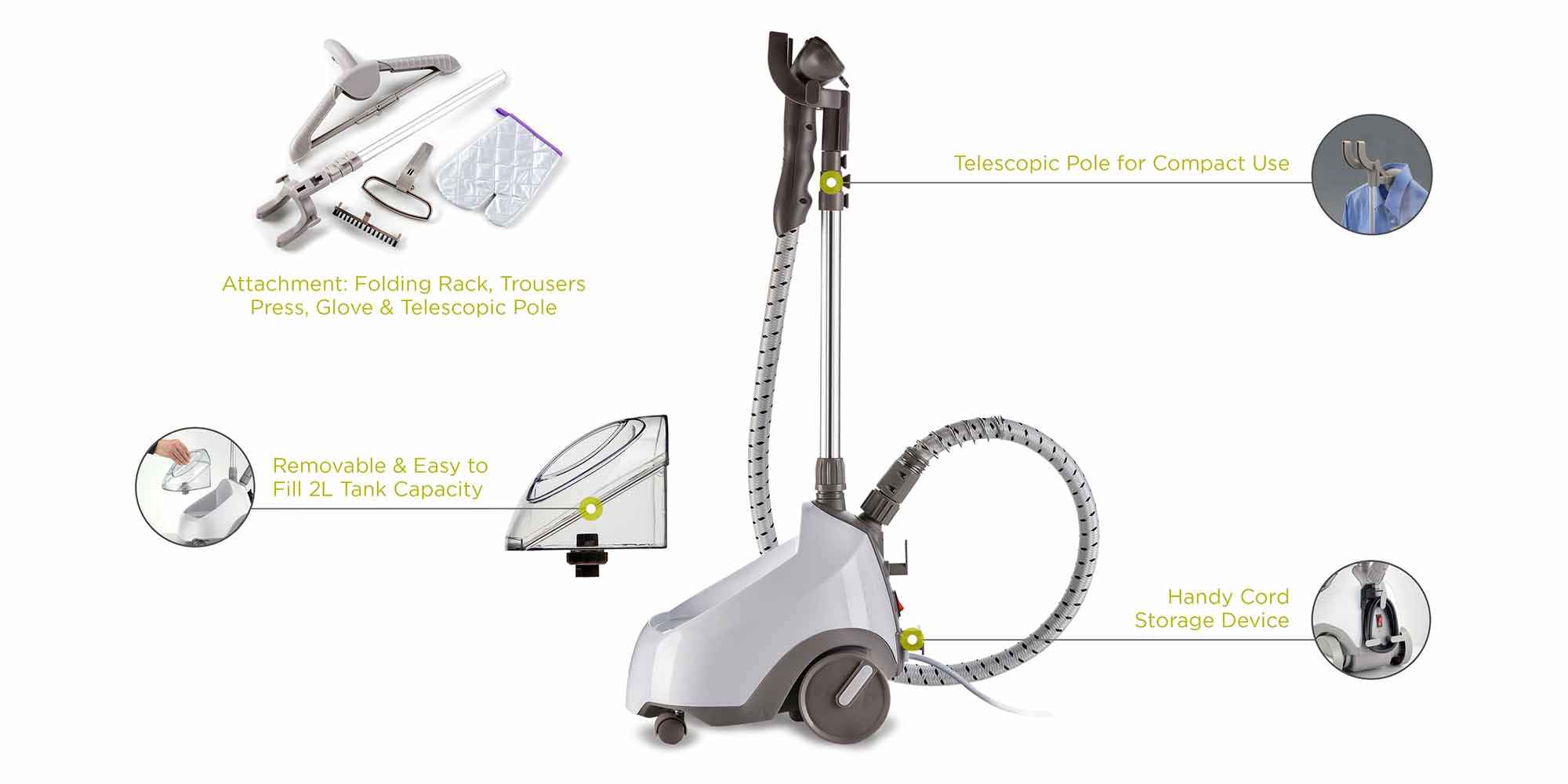 Garment Steamer, Folding Rack, Trouser Press, Glove, 2 L 1500 W GSP65.000WH White/Grey