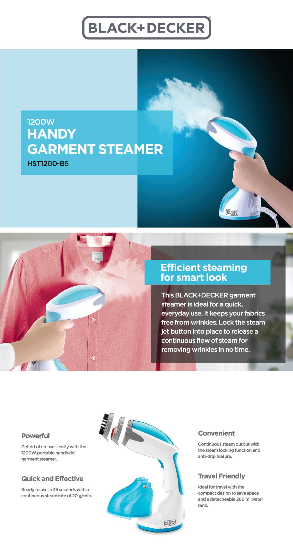 Handy Garment Steamer, Fast Heat-Up in 35 Seconds, 260ml Detachable Tank, Anti-Drip Technology, Continuous Steam Lock, Compact Design, Versatile Accessories, 0.26 L 1200 W HST1200 Blue/White