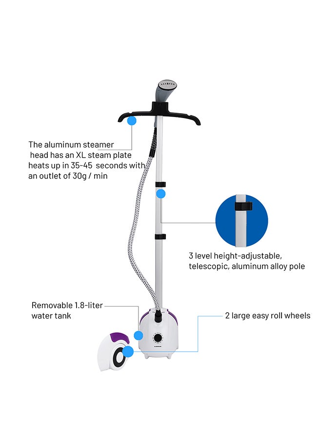 Garment Steamer Fast Heating Suitable for All Kinds of Fabric Aluminum Pole 1.8 L 2000 W OMGS1690N White