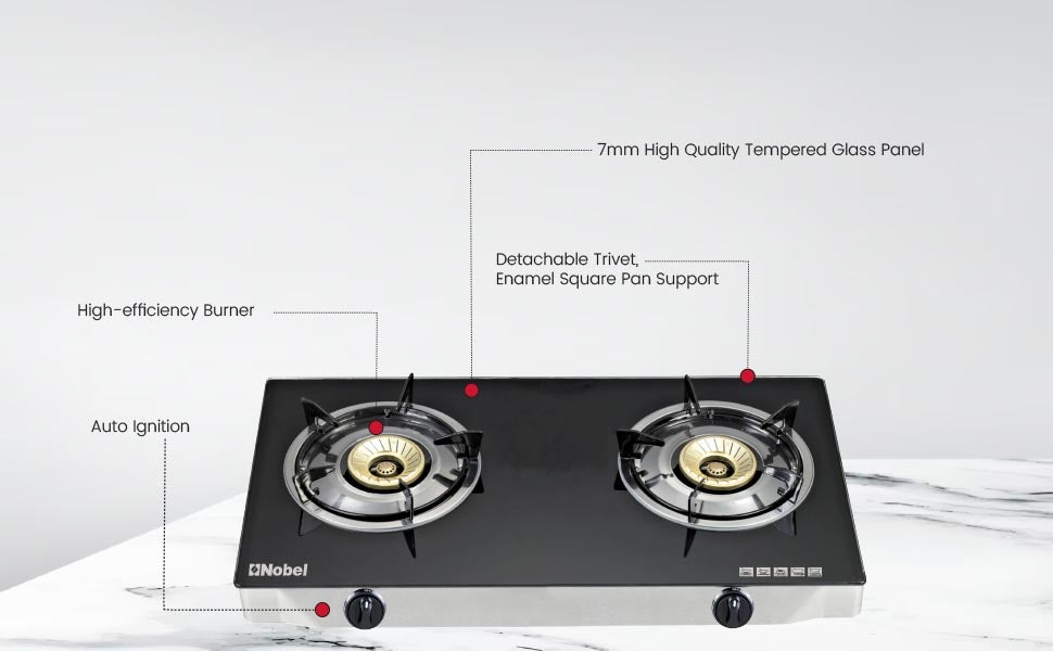 Gas Stove with Dual Gas Burner, 1 x 90mm Single Burner (3,0kW ) + 1 x 90mm Double Burner (3,5kW) with Glass Black Brass Glass Top Auto Ignition Double Burner NGT2111 Black